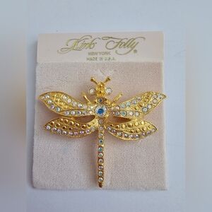 Kirks Folly Dragonfly Aurora Borealis Crystal Rhinestones Gold tone metal Brooch